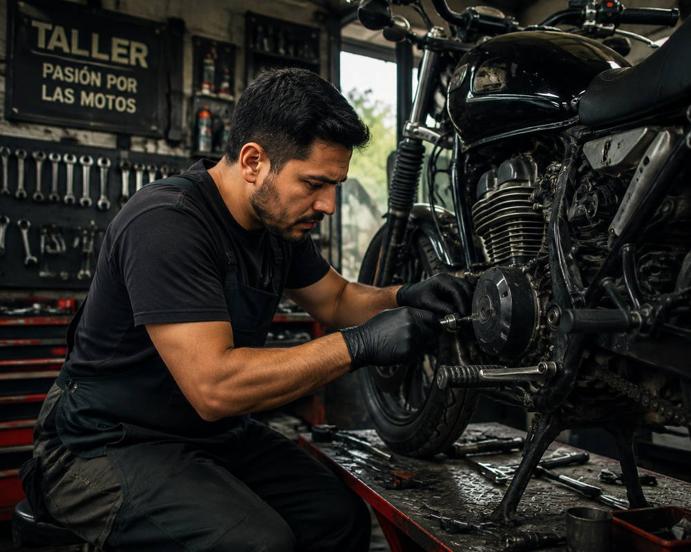Mecánico de Moto Raptor ajustando la tapa del motor de una moto con herramienta de precisión