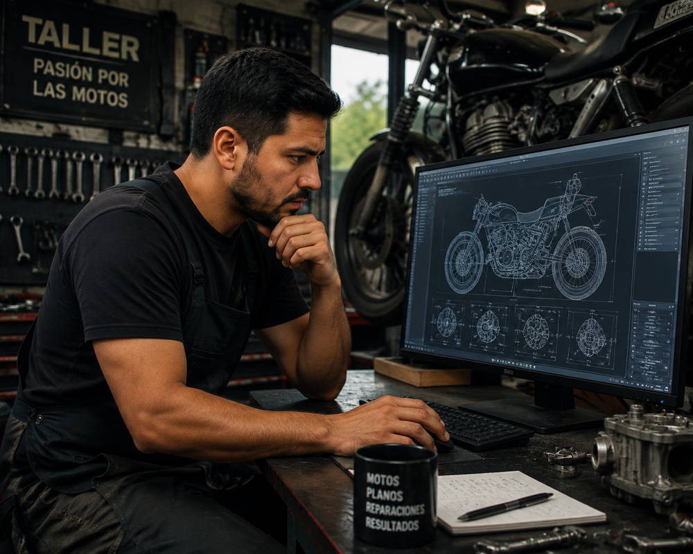 Técnico de Moto Raptor analizando el despiece técnico de una moto en pantalla