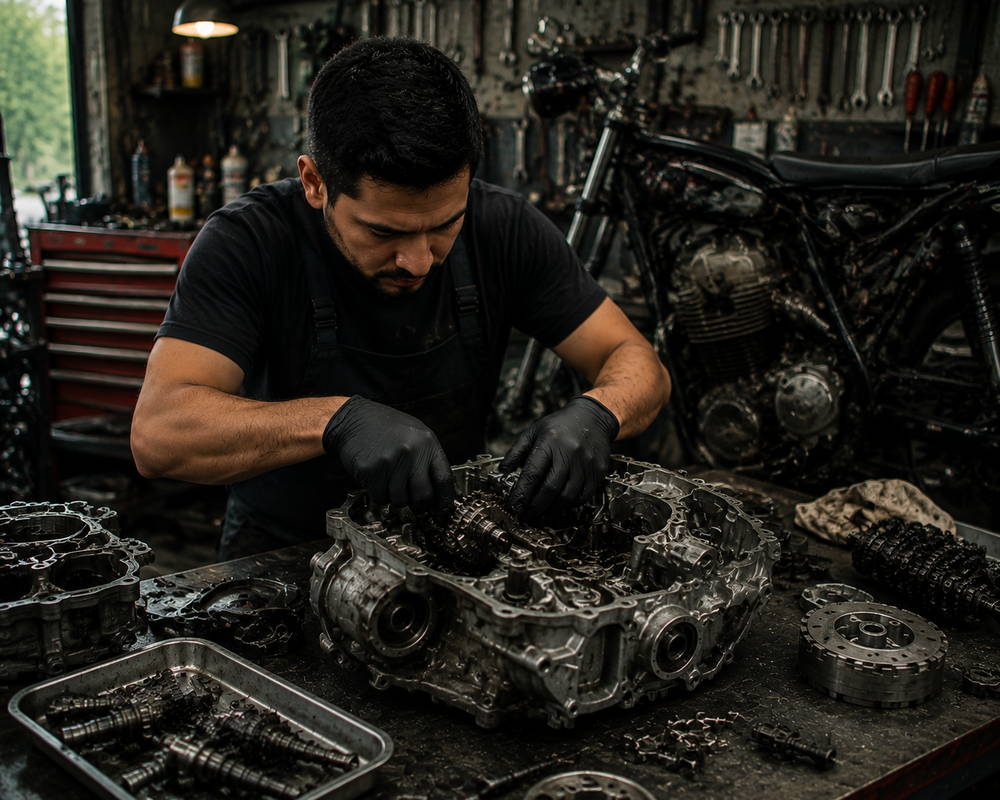 Motor de moto desarmado sobre el banco de trabajo del taller Moto Raptor