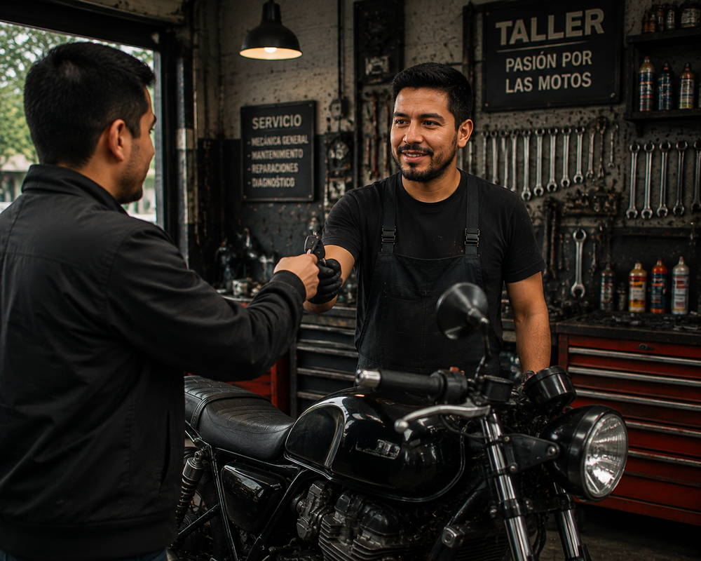Mecánico de Moto Raptor entregando las llaves de la moto a un cliente satisfecho