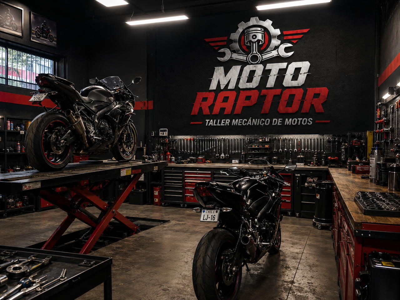 Interior del taller Moto Raptor: dos motos deportivas, elevador hidráulico, panel de herramientas y logo de la marca en el muro