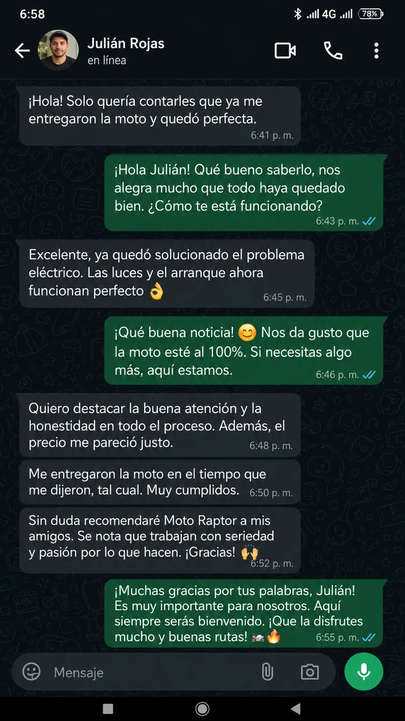 Conversación de WhatsApp con Julián Rojas, cliente de Moto Raptor