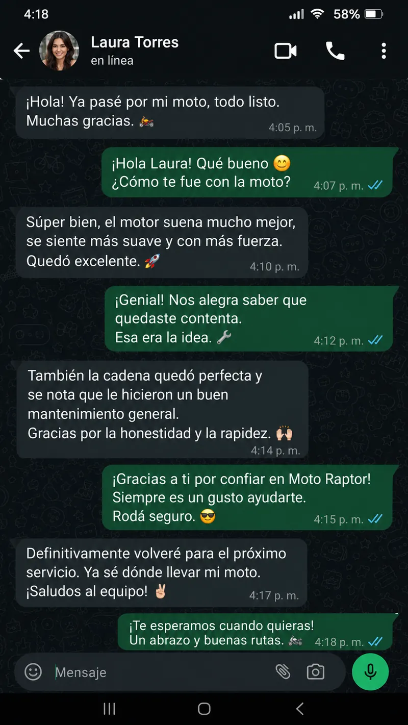 Conversación de WhatsApp con Laura Torres, clienta de Moto Raptor